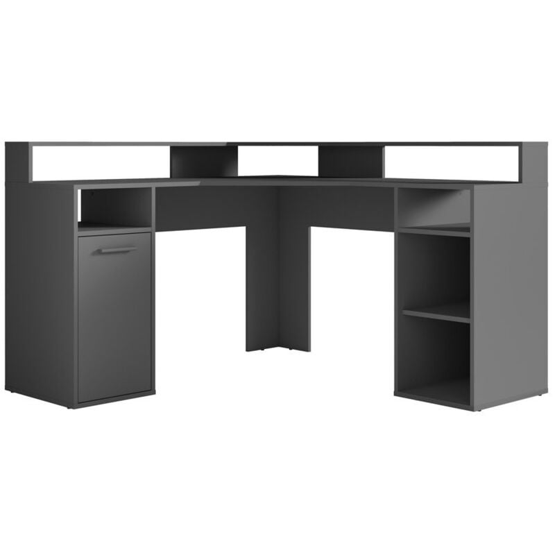 Meublorama - Bureau d'angle office coloris gris avec caisson de rangement, 3 niches et support écran