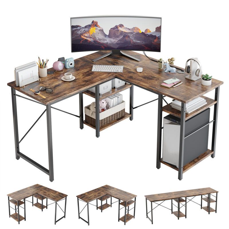 Bestier - Bureau d'angle en Forme de l avec étagères, réversible, Long, Industriel, Stable, avec 2 Trous pour câbles, 120x 48 x 74 cm