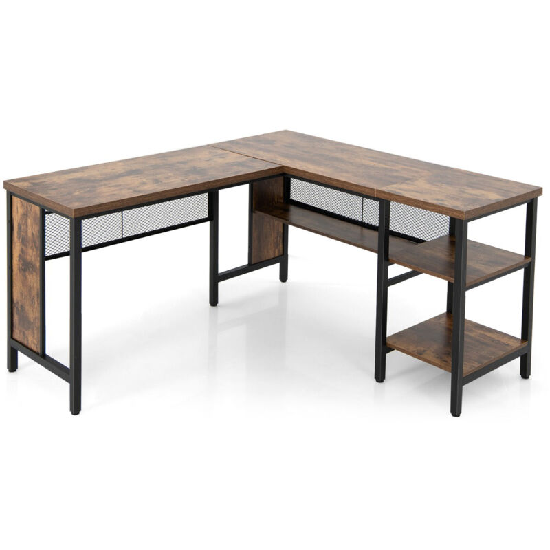 Helloshop26 - Bureau d'angle en forme de l bureau d'angle avec plateau de table spacieux & 3 étagères gain de place brun rustique