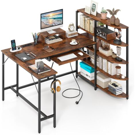 Bureau d'angle en Forme de L, Bureau d'Ordinateur avec Tiroir pour Clavier, Compartiments de Rangement, Port de Charge USB, Prise de Courant, Table de Travail pour Bureau à Domicile (Blanc)