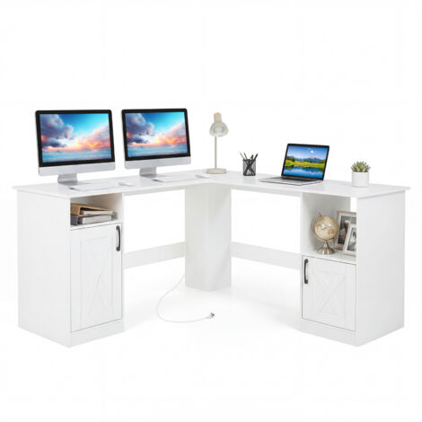 Bureau d’Angle en Forme de L, Bureau Informatique avec Station de Charge Intégrée, 2 Prises, Étagères, Placards de Rangement, Poste de Travail, Blanc
