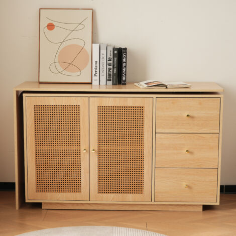 Bureau d'angle en forme de L, table informatique avec portes en rotin, coiffeuse, blanc 126 cm