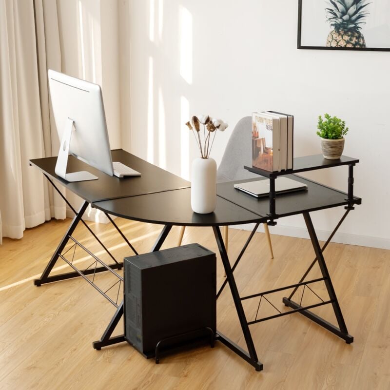 Maisonchic - Bureau d'Angle en Forme l Détachable avec Support pour Moniteur 147x112x75CM Noir design in