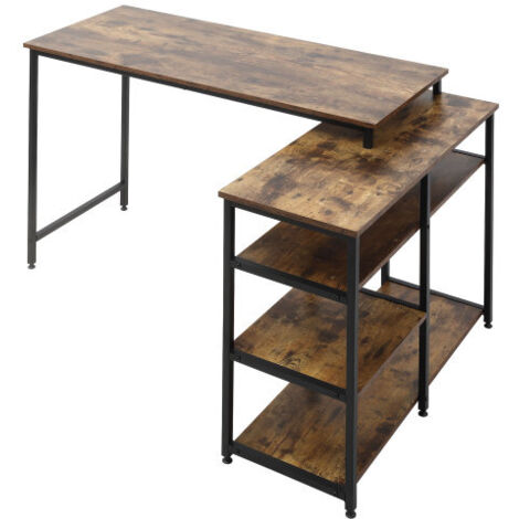 Bureau d'angle en L 135x90x79 cm avec étagères et tiroirs, marron