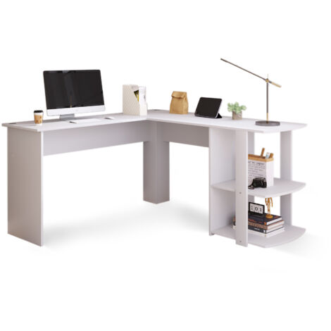 Bureau D'angle En L 140x140 Cm Blanc, Plateaux Mélaminés Résistants Et Étagère Intégrée