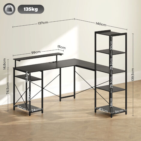 Bureau d'angle en L avec station de charge, support pour écran et étagères, pour bureau à domicile ou bureau, noir