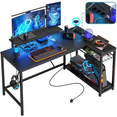Bureau d'angle en L Bestier avec prises et éclairage LED, bureau d'ordinateur réversible avec étagères et crochets, bureau compact pour bureau à domicile (noir, 132 cm)