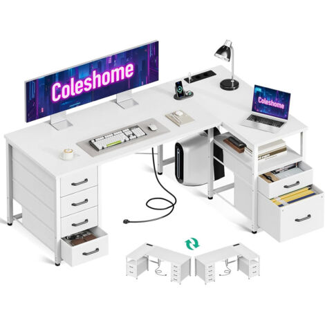 Bureau d'angle en L Coleshome 140x80cm blanc USB prises réversible