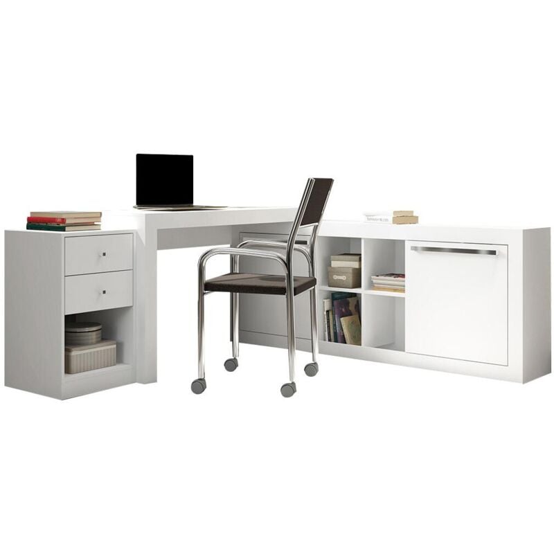 Vente-unique - Bureau d'angle - 2 tiroirs et 2 portes - Coloris : Blanc - evan