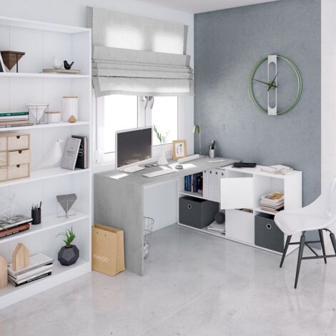 Bureau d'angle extensible 136x139cm – Mélaminé blanc et gris – Design réversible pour optimisation d'espace – Rangement intégré