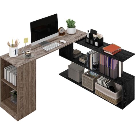 Bureau d'angle gain de place avec étagères en forme de S originales, structure en panneau bois, fini gris veiné bois, dimensions 140x120x78 cm