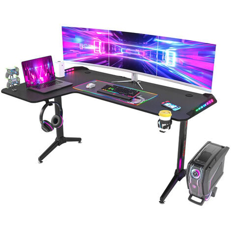 Bureau d'Angle Gaming LED Informatique - 16210077cm Table Gamer RGB en Forme L d'Ordinateur avec Porte Casque - Modèle Gauche