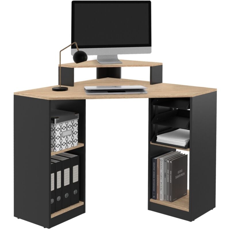 Bureau d'angle HARRY noir et façon hêtre gain de place bureau informatique avec rangements