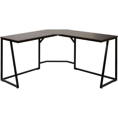 Bureau d'angle HWC-K66 - table d'ordinateur - certifié MVG 76x196x110cm - MDF métal - brun foncé