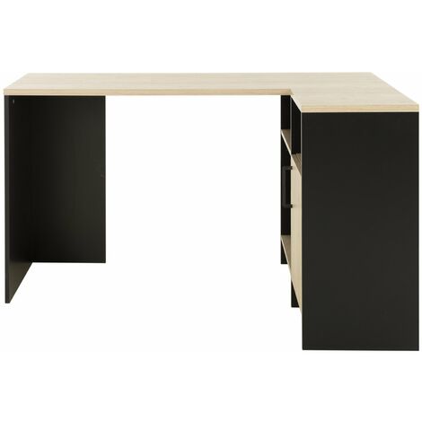 Bureau d'angle industriel noir bois châtaignier – Grand plateau de travail – 3 niches et zone fermée – Poignée en zamak noir – Diagone