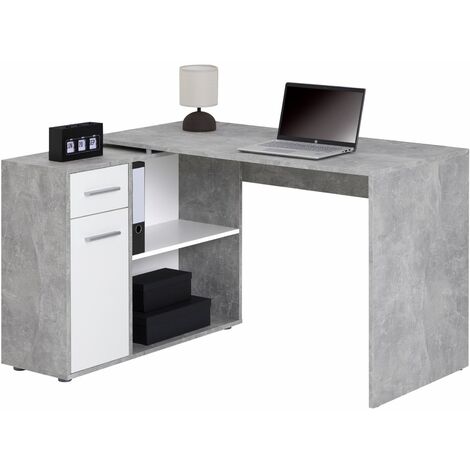 Bureau d'angle ISOTTA table avec meuble de rangement intégré et modulable avec 2 étagères 1 porte 1 tiroir décor chêne sauvage/béton - Chêne sauvage/Béton foncé