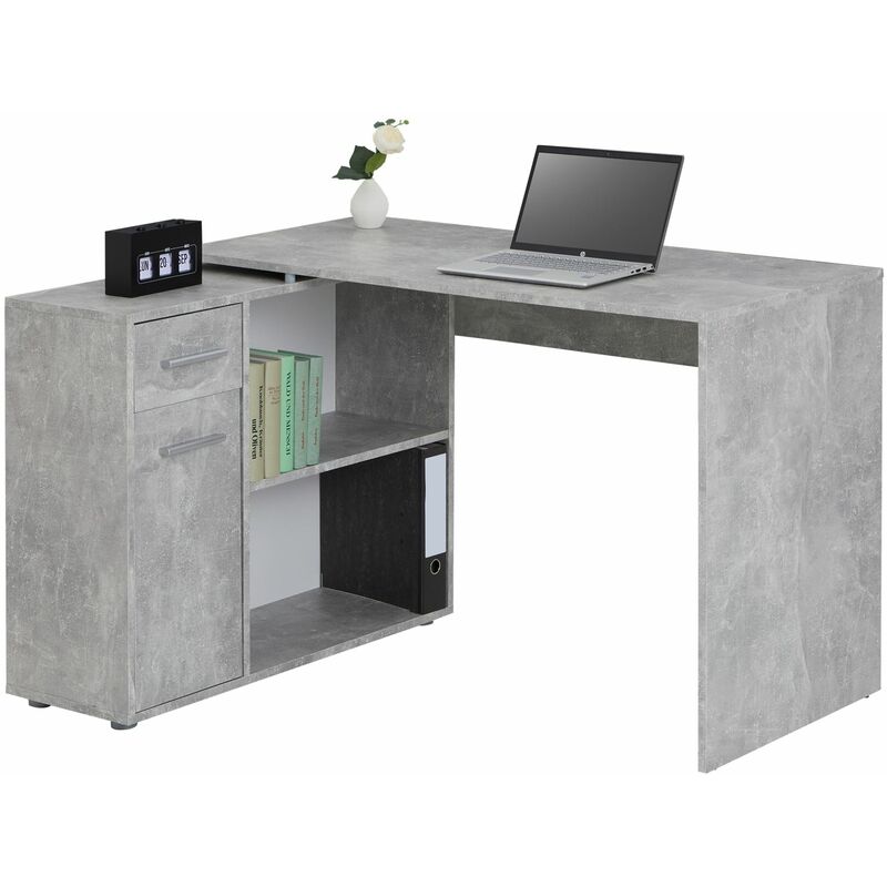 Bureau d'angle isotta table avec meuble de rangement intégré et modulable avec 2 étagères 1 porte 1 tiroir, en mélaminé décor béton - couleur béton