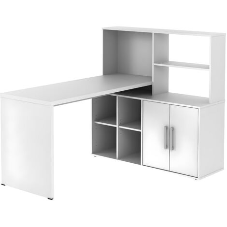 Bureau d'angle LEON avec rangements et étagères - Blanc