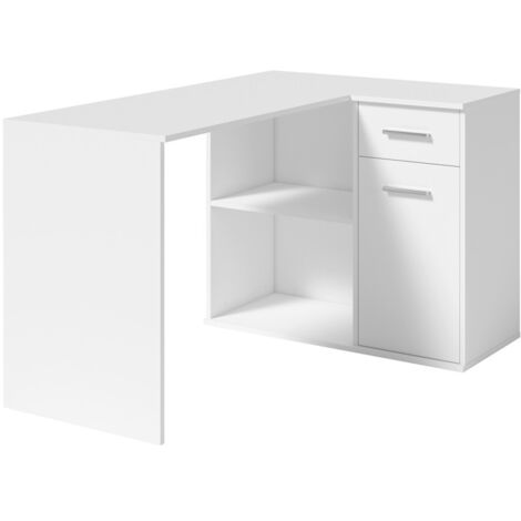 Bureau d'angle LYMA blanc – 1 tiroir, 1 porte et 2 niches – Compact, pratique et moderne