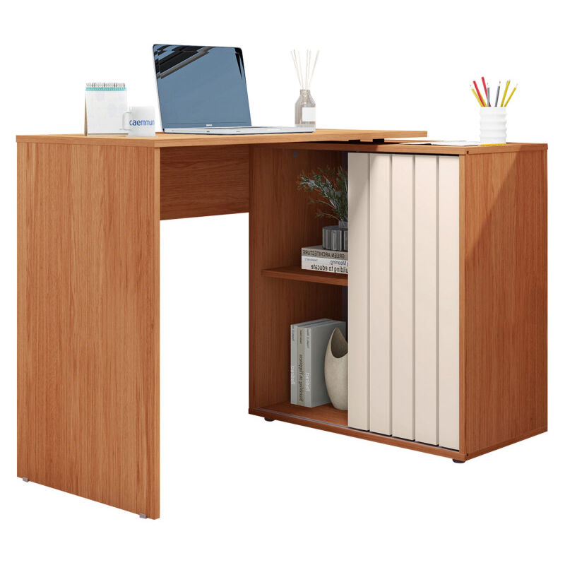 Beaux Meubles Pas Chers - Bureau d'angle Miel et Blanc Armoirette 1 Porte 3 Niches l 139.9 h 75 p 45.1 cm