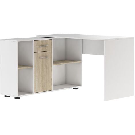 Bureau d'angle modulable blanc et naturel avec rangement Kalilo 120cm