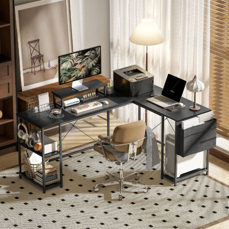 Bureau d'angle modulable réversible 168-240 cm style industriel - étagère réglable. sac de rangement. support d'écran