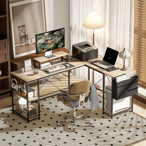 Bureau d'angle modulable réversible 168-240 cm style industriel - étagère réglable. sac de rangement. support d'écran