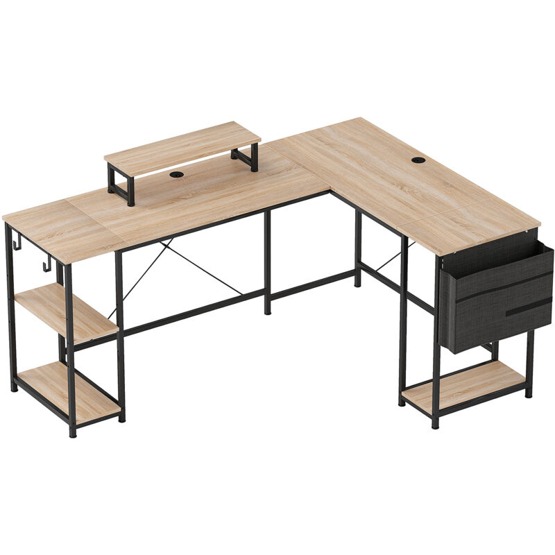 MH - Bureau d'angle modulable style industriel acier noir effet bois naturel