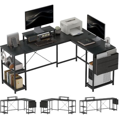 Bureau d'angle modulaire rabattable, dimensions 168-240 cm, style industriel - comprend des étagères réglables, des poches de rangement et un support pour écran.