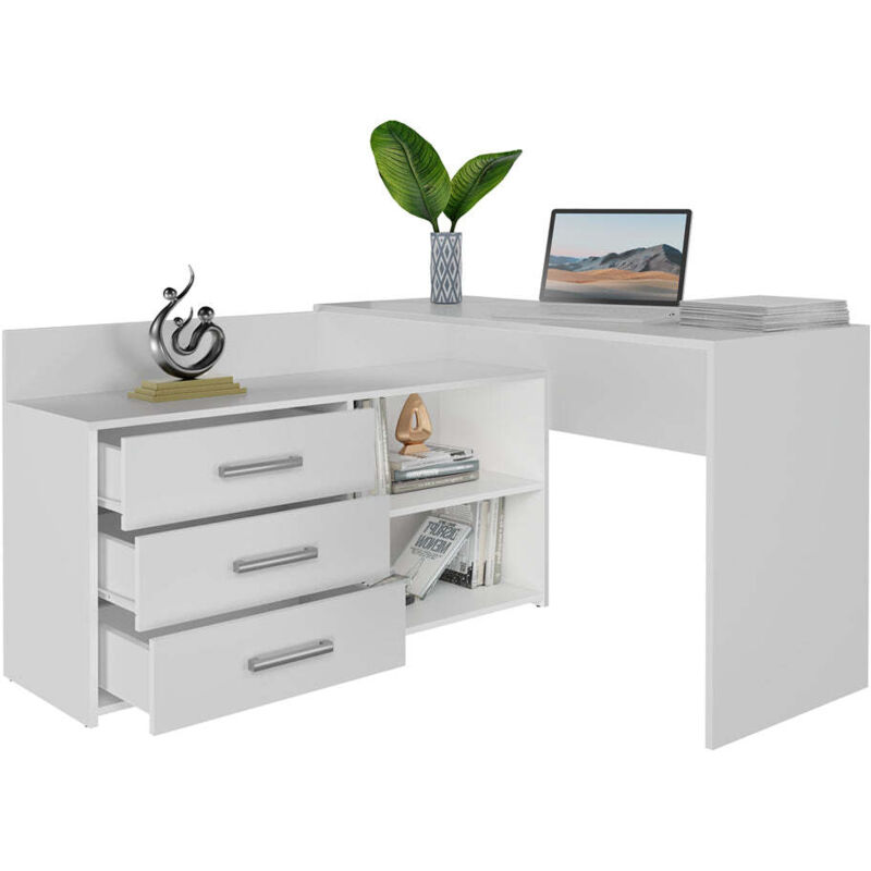 Jardibricodeco - Bureau d'angle noze 3 tiroirs Blanc 120X50X76 cm