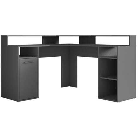 Bureau d'angle OFFICE coloris gris avec caisson de rangement, 3 niches et support écran