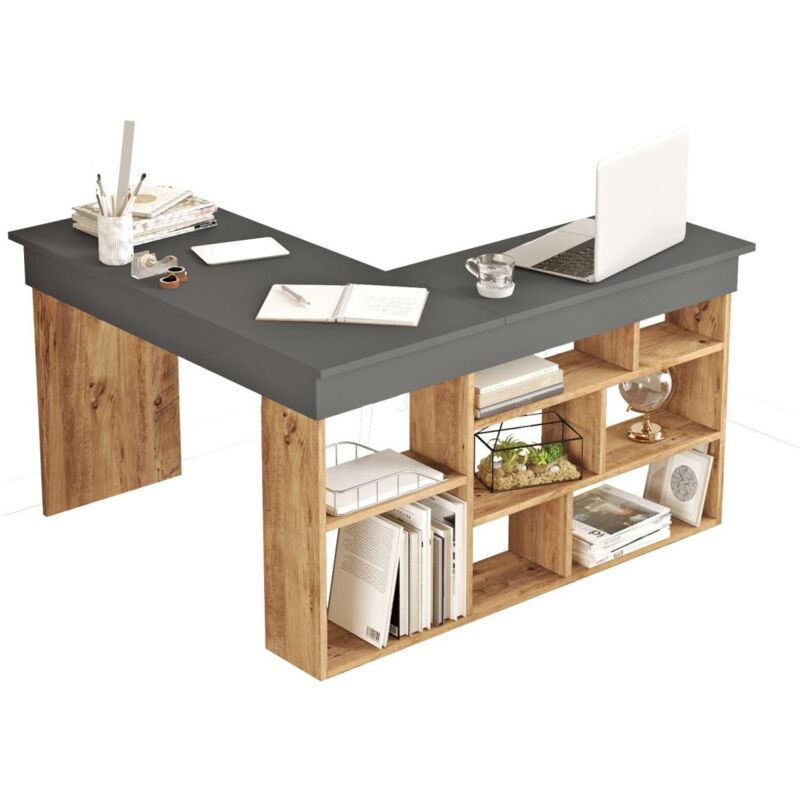 Cotecosy - Bureau d'angle avec rangements - Coloris : Anthracite et naturel - lileul