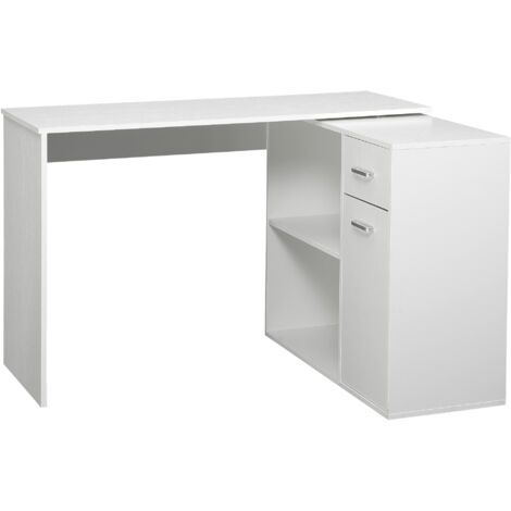 Bureau d'angle pivotant à 180°, bureau d'ordinateur, bibliothèque, tiroir, armoire, établi, 117 x 82 x 74 cm, blanc
