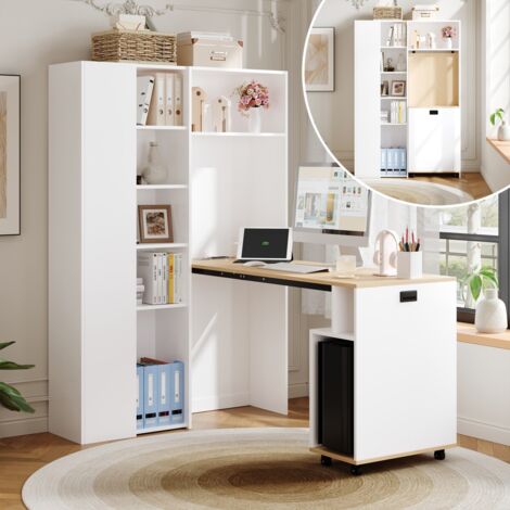 Bureau d’angle pliable 2 en 1 avec étagères réglables, ports USB et prise électrique, système anti-basculement, blanc, gauche 104,5×30,5×160 cm