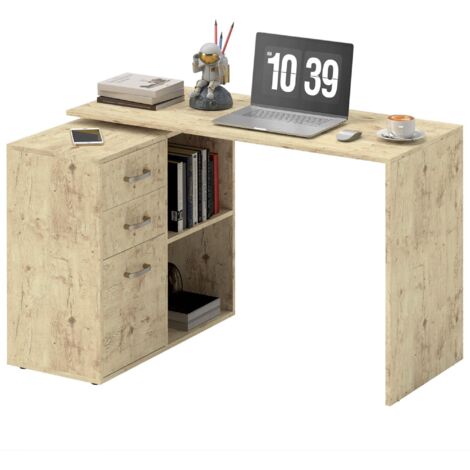 Bureau d'angle pour ordinateur avec 2 tiroirs et étagères ouvertes, bureau d'angle en forme de L en bois et métal, 117 x 83,5 x 76 cm, couleur noyer