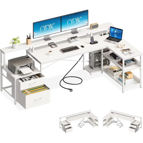 Bureau d’angle réversible 189,3×100 cm – Bureau de travail avec tiroirs – 2 prises et USB intégrés – Blanc