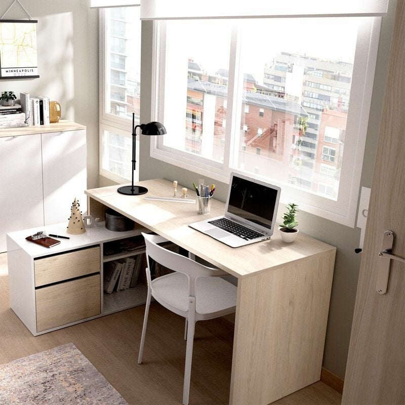 Mobimarket - Bureau Rox angulaire Naturel - Blanc Brillant 139 x 75 x 92 cm - Naturel - Blanc Brillant