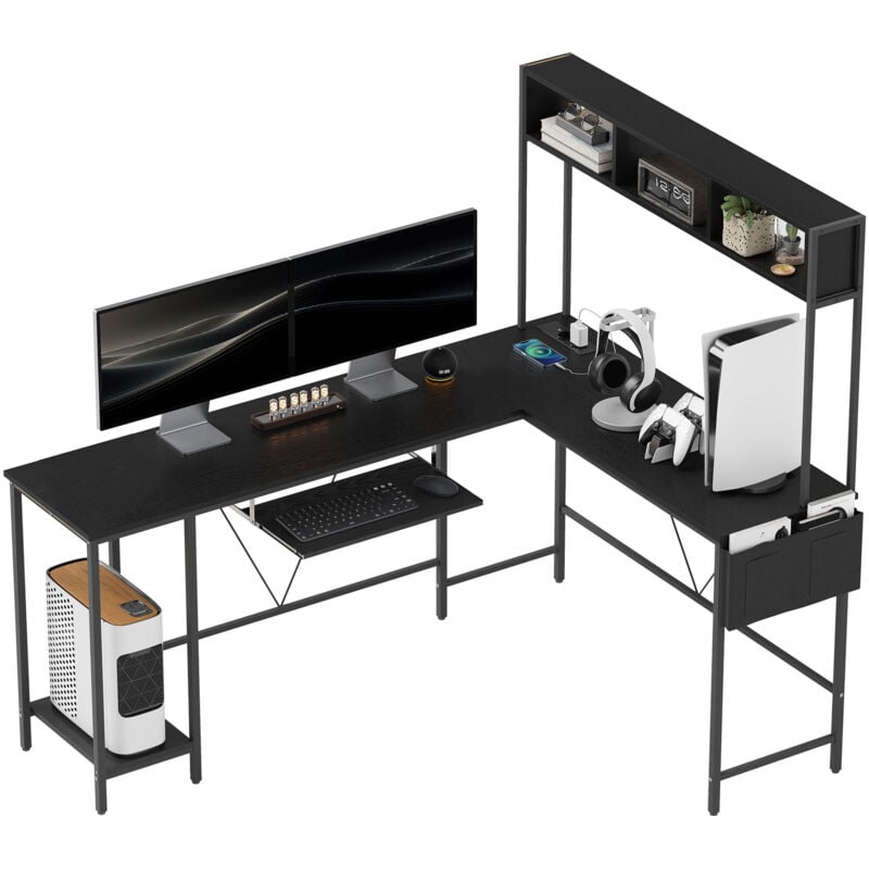 Homcom - Bureau d'angle réversible design - multi-rangement - prise et port usb - métal effet bois noir