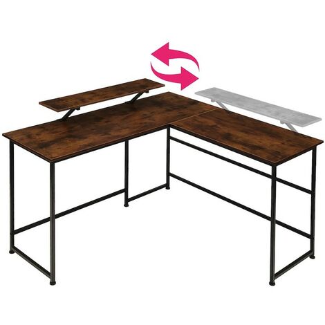 Bureau d'angle + tablette style industriel et loft en bois foncé 140x130x76,5cm