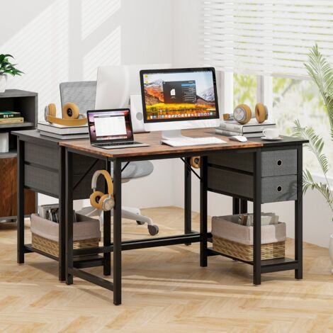 Bureau de 120 Cm Poste de Travail Informatique Moderne avec 2 Tiroirs Crochet de Suspension Étagère de Rangement Marron Rustique et Noir DESIGN IN