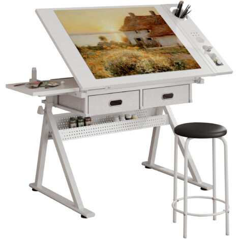Bureau de Dessin Inclinable avec Tabouret - Table d'Architecte Ajustable - 2 Tiroirs de Rangement - Station de Travail pour Artiste et Étudiant - Blanc