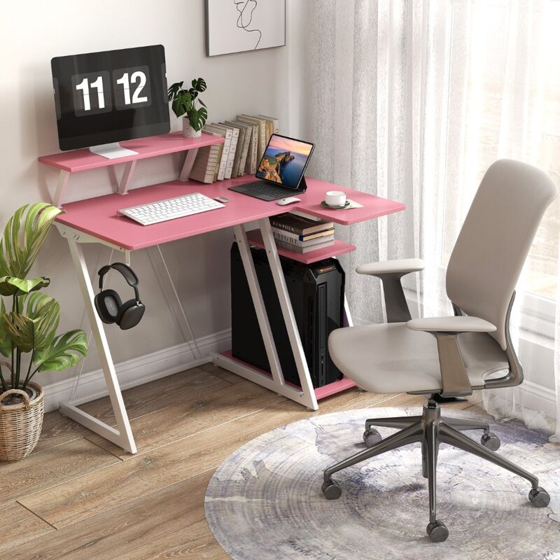 Bureau de Jeu avec Prises et Ports usb, Étagère pour Écran Rose CW7119 design in