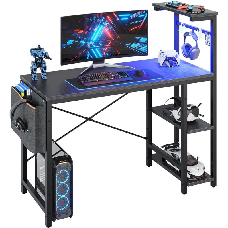 Bestier - Bureau de Jeu avec Étagères, Bureau en l avec Rangement (Éclairage led, 1 Table), 113×113×50 cm, Bureau Gaming avec Crochet pour Casque