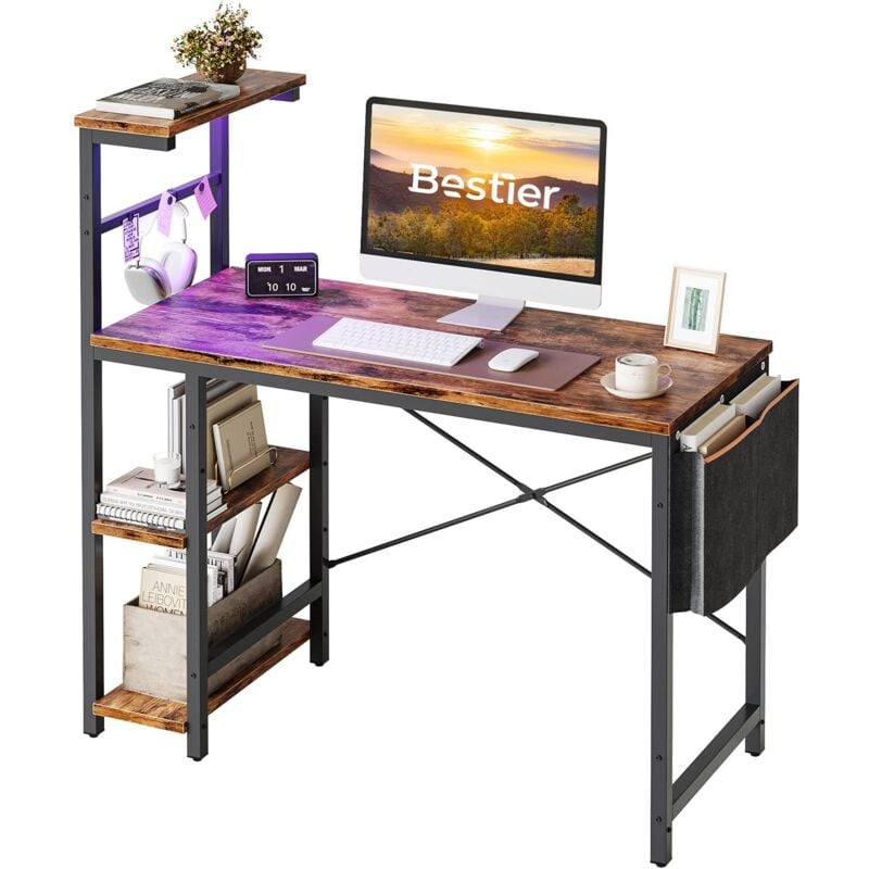 Bureau de Jeu Bestier avec Étagères, Bureau en L avec Rangement (Éclairage LED, 1 Table), 113×113×50 cm, Bureau Gaming avec Crochet pour Casque pour