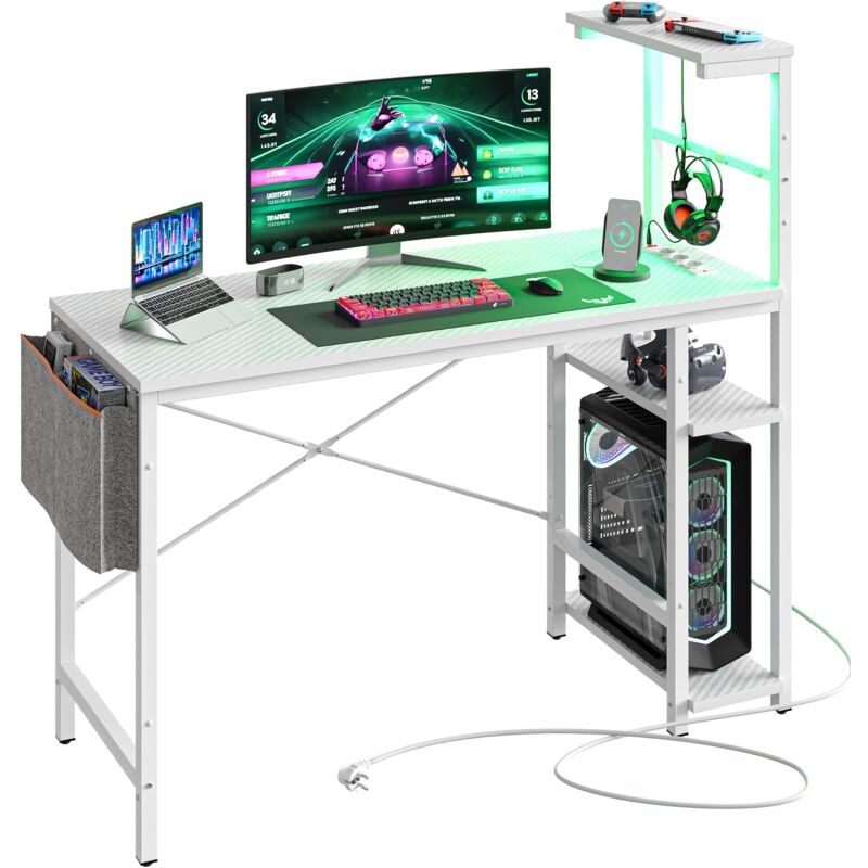 Bestier - Bureau en l avec Prise de Charge usb et Prise de Courant, Bureau d'Angle avec 4 Tiroirs et Tablette pour Écran, Table d'Ordinateur en l