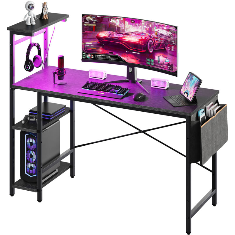 Bestier - Bureau de Jeu avec Étagères, Bureau en l avec Rangement (Éclairage led, 1 Table), 140×50×113 cm, Bureau Gaming avec Crochet pour Casque