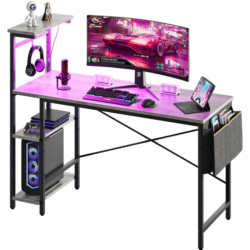 Bestier - Bureau de Jeu avec Étagères, Bureau en l avec Rangement (Éclairage led, 1 Table), 140×50×113 cm, Bureau Gaming avec Crochet pour Casque