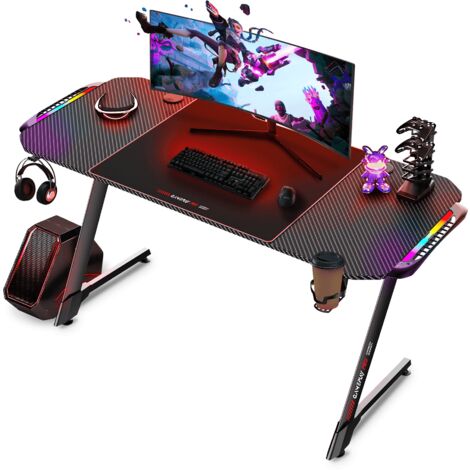 Bureau de jeu, bureau de jeu ergonomique avec lumières LED, ordinateur ou console de jeu, design moderne, table pour PC avec porte-gobelet et crochet pour casque, pieds en métal