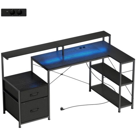 Bureau de jeu en forme de L avec LED et prises, support double écran, 165x80x91,5 cm, aspect bois noir