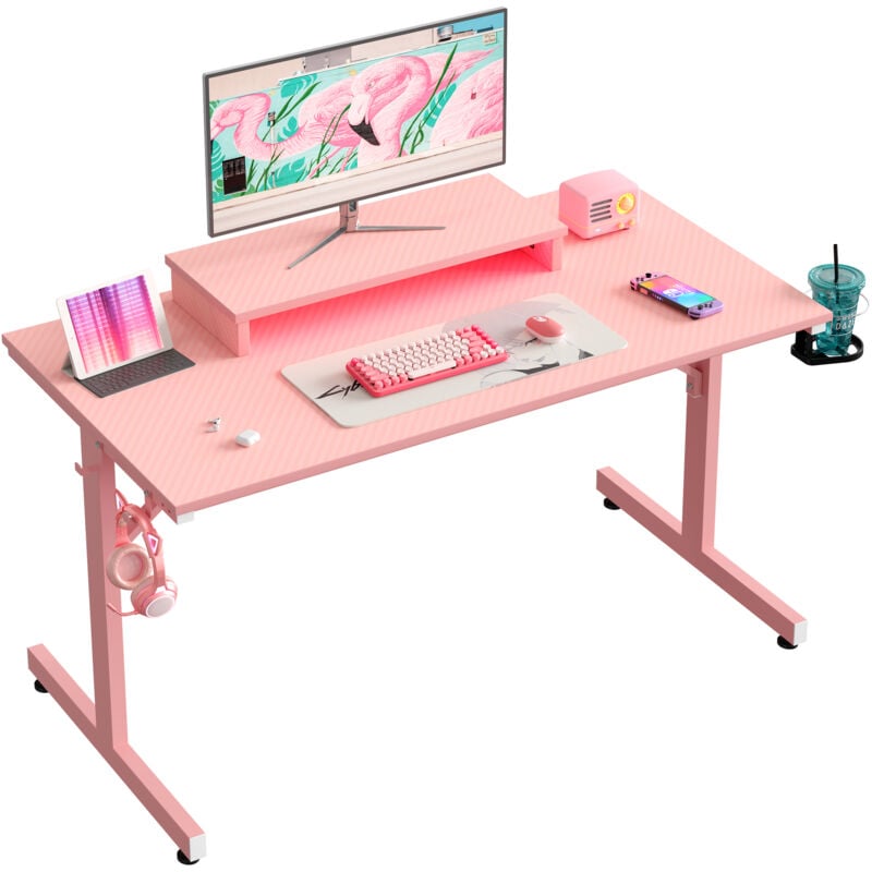 Bestier - Bureau de Jeu led avec Support d'Écran, Porte-Gobelet et Crochet pour Casque, Table d'Ordinateur Compacte 106 cm, Design en Fibre de